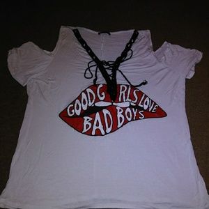 Peek-a-Boo Shoulder Red, White and Black Shirt